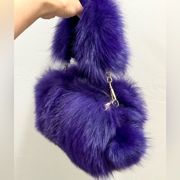 Purple Handmade Dyed Silver Fox Fur Camera Bag/Crossbody & 3 Strap Styles - Picture 13 of 17